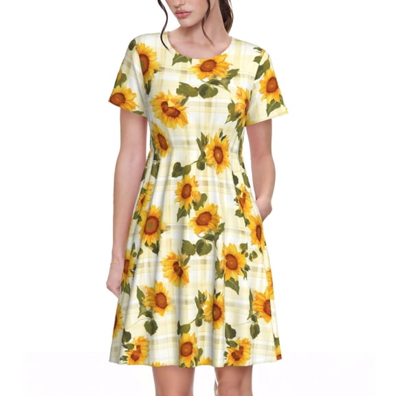 Uemuo Light Green Plaid Sunflower Print Womens Summer Dress Casual Swing Short Sleeve Sundresses Beach A-line Shift Dress
