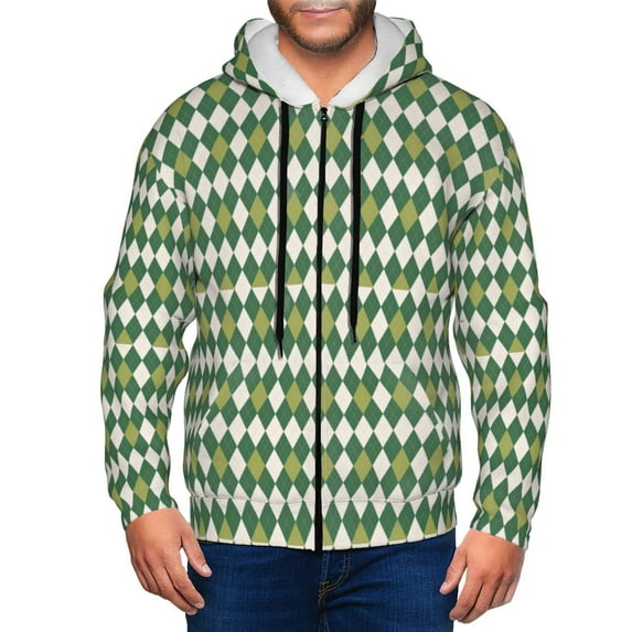 Uemuo Light Green Squares for Men's Fashion Full-zip Hoodies & Sweatshirts with Kangaroo Pocket, Zip-up Hooded Sweatshirt, Moisture Wicking & Breathable-Small