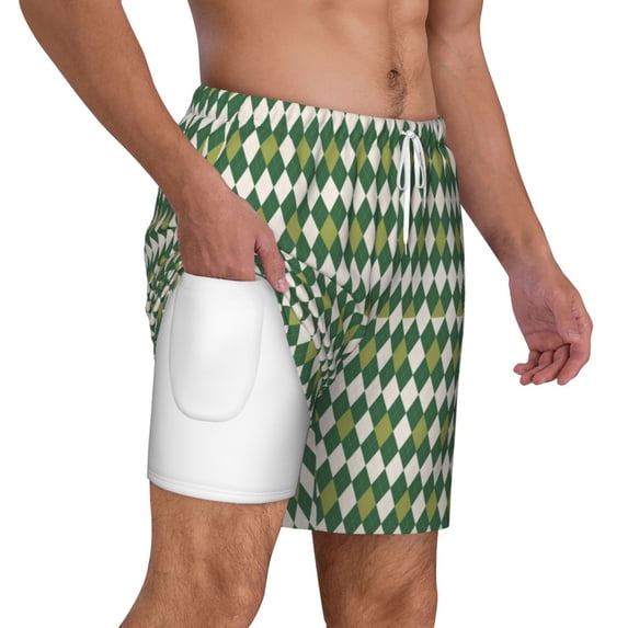 Uemuo Light Green Squares Pattern Mens Swim Trunks Quick Dry Board Shorts with Mesh Lining, Stretch Beach Shorts Quick Dry No-Chafing Board Shorts-Large