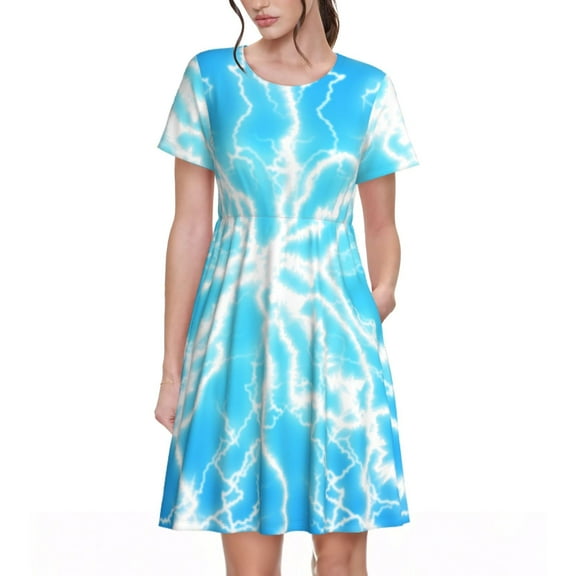 Uemuo Light blue flash Print Womens Summer Dress Casual Swing Short Sleeve Sundresses Beach A-line Shift Dress