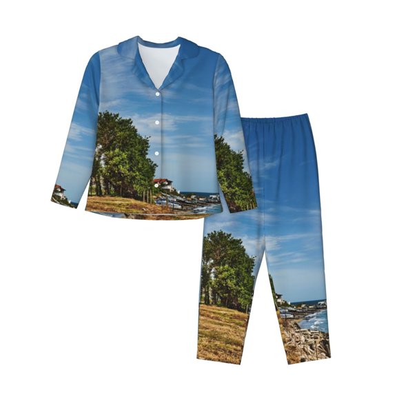 Uemuo Lighthous Pattern Womens Pajama Sets,PJ Set for Women,Pajamas for Women Logo,Long Sleeve Pajama Set for Women,Soft Long Sleeve Top With Pants-Large