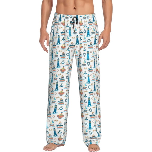 Uemuo Lighthouse And Sea Pattern Men's Wide Leg Palazzo Lounge Pants with Pockets Light Weight Loose Comfy Casual Pajama Pants-Medium
