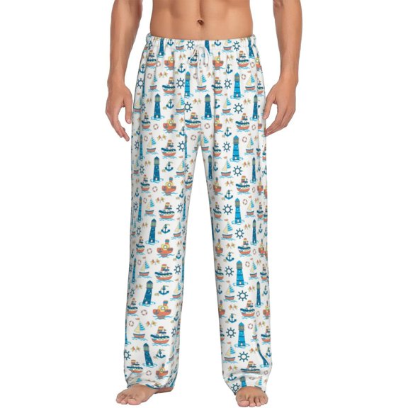 Uemuo Lighthouse And Sea Pattern Men's Wide Leg Palazzo Lounge Pants with Pockets Light Weight Loose Comfy Casual Pajama Pants-Medium