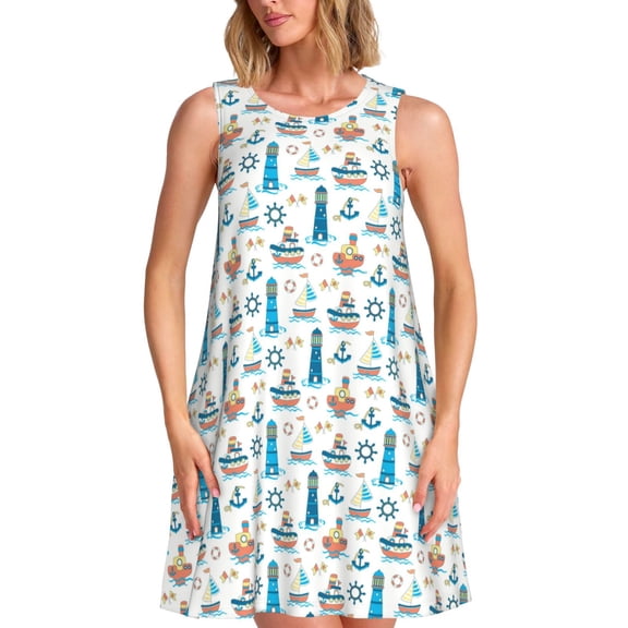 Uemuo Lighthouse And Sea Pattern Women’s Sleeveless Dress – Casual Summer A-Line Dress, Stylish and Comfortable Sundress for Hot Weather
