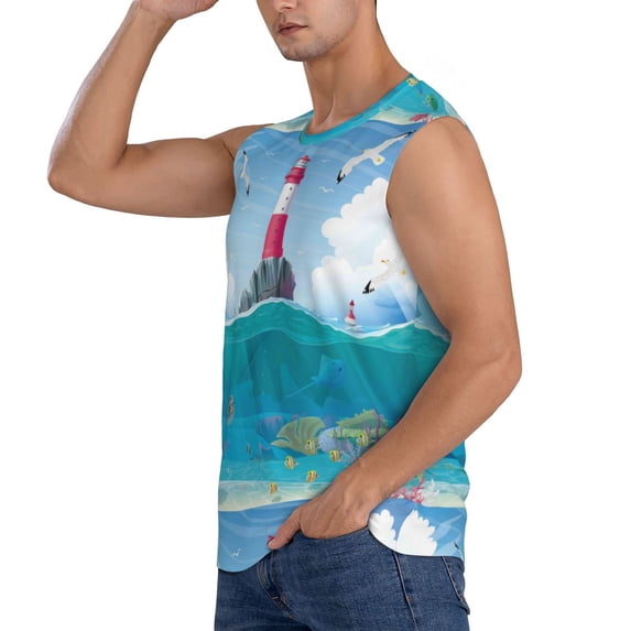 Uemuo Lighthouse Sea Port Pattern Men's Sleeveless T-Shirt,Muscle Athletic Tank Top, Moisture-wicking Quick-dry Breathable Classic Tee Top for Gym Run Outdoor Sports-Large