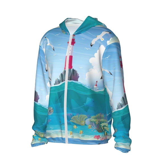 Uemuo Lighthouse Sea Port Pattern Women's Full Zip UPF 50+ Sun Protection Hoodie Jacket Long Sleeve Sun Shirt Hiking Outdoor Performance with Pockets-3X-Large