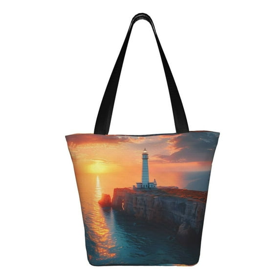 Uemuo Lighthouse At Sunset Coast Print Tote Bags for Women,Large Capacity Corduroy Bag,Reusable Grocery Shoulder Bag,Beach Tote with Zipper Closure, Daily Essentials