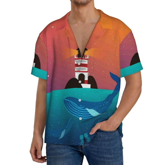 Uemuo Lighthouse and Whale Pattern Cotton Linen Short Sleeve Shirts,Casual Lightweight Button Down Shirts,Vacation Beach Summer Tops-Medium