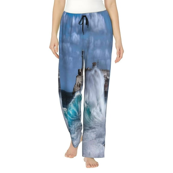 Uemuo Lighthouse in Havana Pattern Women's Wide Leg Palazzo Lounge Pants with Pockets Light Weight Loose Comfy Casual Pajama Pants-Large