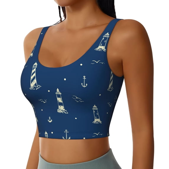 Uemuo Lighthouses and Anchors Pattern Women's Sports Bra - High Impact Support, Breathable, and Comfortable Athletic Bra for Running, Yoga, and Workouts