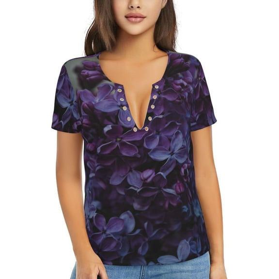 Uemuo Lilac Drawing Women's Deep V-Neck Low Cut Tops - Casual Loose Fit with Stainless Steel Loop, Soft, Breathable, Perfect for Office, Travel, and Daily Wear-Small