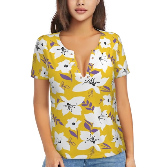 Uemuo Lilies Flowers Drawing Women's Deep V-Neck Low Cut Tops - Casual Loose Fit with Stainless Steel Loop, Soft, Breathable, Perfect for Office, Travel, and Daily Wear-Large