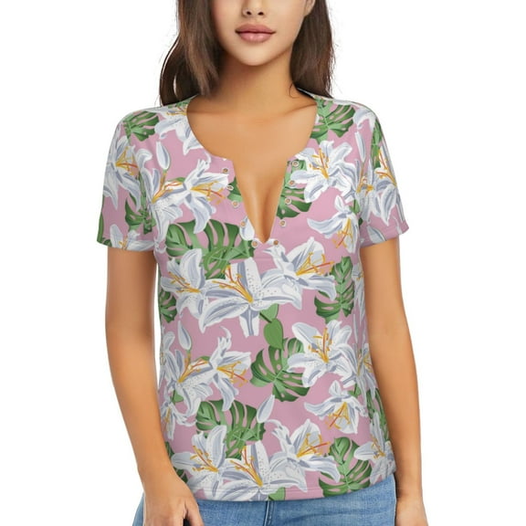 Uemuo Lilies Flowers Drawing Women's Deep V-Neck Low Cut Tops - Casual Loose Fit with Stainless Steel Loop, Soft, Breathable, Perfect for Office, Travel, and Daily Wear-Large