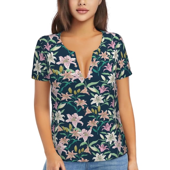 Uemuo Lilies Flowers Drawing Women's Deep V-Neck Low Cut Tops - Casual Loose Fit with Stainless Steel Loop, Soft, Breathable, Perfect for Office, Travel, and Daily Wear-XX-Large