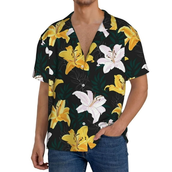 Uemuo Lilies Flowers Pattern Cotton Linen Short Sleeve Shirts,Casual Lightweight Button Down Shirts,Vacation Beach Summer Tops-3X-Large