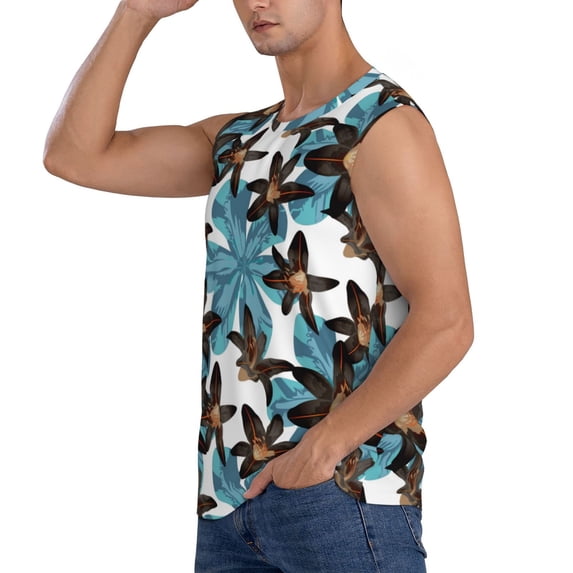 Uemuo Lilies Flowers Pattern Men's Sleeveless T-Shirt,Muscle Athletic Tank Top, Moisture-wicking Quick-dry Breathable Classic Tee Top for Gym Run Outdoor Sports-Large