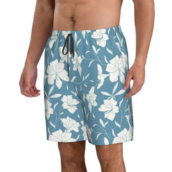 Uemuo Lilies Flowers Pattern Men's Swim Trunks Hawaiian Beach Bathing Suit Swimsuits Beach Quick-Dry Shorts with Pockets-3X-Large