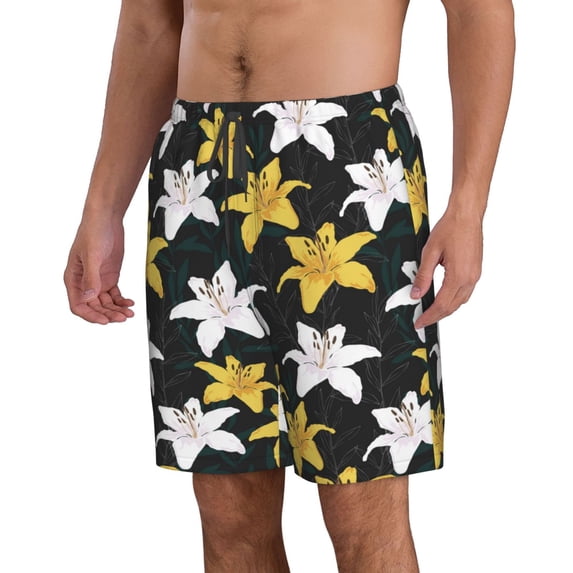 Uemuo Lilies Flowers Pattern Men's Swim Trunks Hawaiian Beach Bathing Suit Swimsuits Beach Quick-Dry Shorts with Pockets-