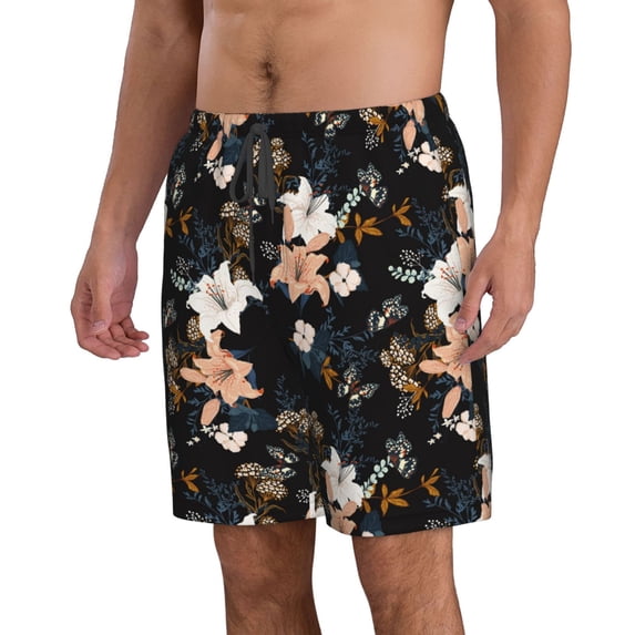 Uemuo Lilies Flowers Pattern Men's Swim Trunks Hawaiian Beach Bathing Suit Swimsuits Beach Quick-Dry Shorts with Pockets-