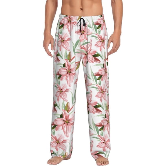 Uemuo Lilies Flowers Pattern Men's Wide Leg Palazzo Lounge Pants with Pockets Light Weight Loose Comfy Casual Pajama Pants-Medium