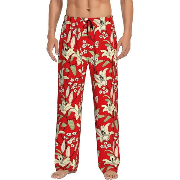 Uemuo Lilies Flowers Pattern Men's Wide Leg Palazzo Lounge Pants with Pockets Light Weight Loose Comfy Casual Pajama Pants-Medium