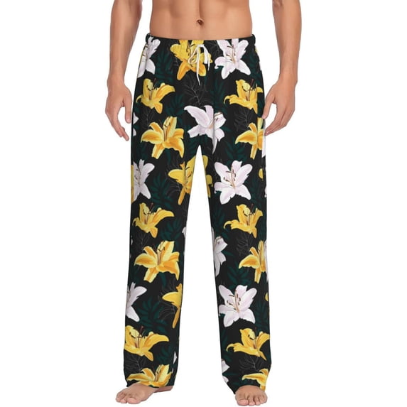 Uemuo Lilies Flowers Pattern Men's Wide Leg Palazzo Lounge Pants with Pockets Light Weight Loose Comfy Casual Pajama Pants-Medium