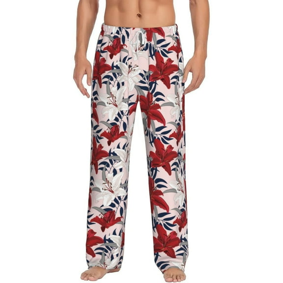 Uemuo Lilies Flowers Pattern Men's Wide Leg Palazzo Lounge Pants with Pockets Light Weight Loose Comfy Casual Pajama Pants-Small