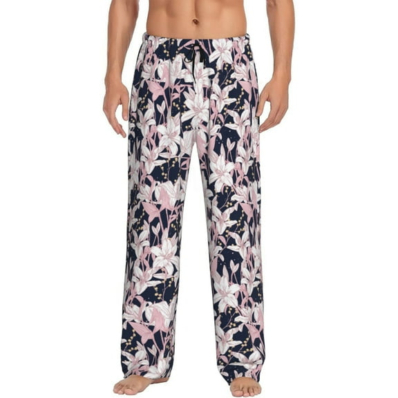 Uemuo Lilies Flowers Pattern Men's Wide Leg Palazzo Lounge Pants with Pockets Light Weight Loose Comfy Casual Pajama Pants-Small