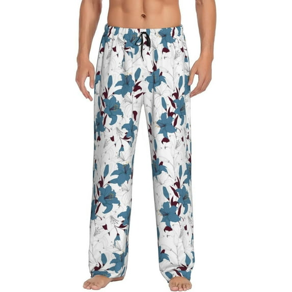 Uemuo Lilies Flowers Pattern Men's Wide Leg Palazzo Lounge Pants with Pockets Light Weight Loose Comfy Casual Pajama Pants-Small