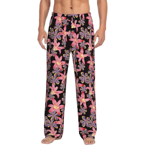Uemuo Lilies Flowers Pattern Men's Wide Leg Palazzo Lounge Pants with Pockets Light Weight Loose Comfy Casual Pajama Pants-X-Large