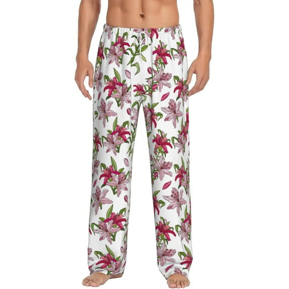 Uemuo Lilies Flowers Pattern Men's Wide Leg Palazzo Lounge Pants with Pockets Light Weight Loose Comfy Casual Pajama Pants-XX-Large