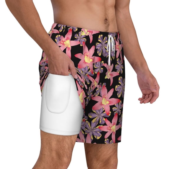 Uemuo Lilies Flowers Pattern Mens Swim Trunks Quick Dry Board Shorts with Mesh Lining, Stretch Beach Shorts Quick Dry No-Chafing Board Shorts-3X-Large