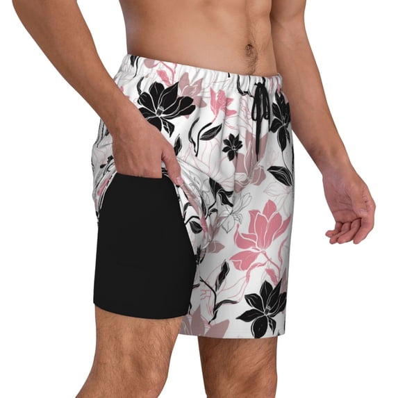 Uemuo Lilies Flowers Pattern Mens Swim Trunks Quick Dry Board Shorts with Mesh Lining, Stretch Beach Shorts Quick Dry No-Chafing Board Shorts-Large