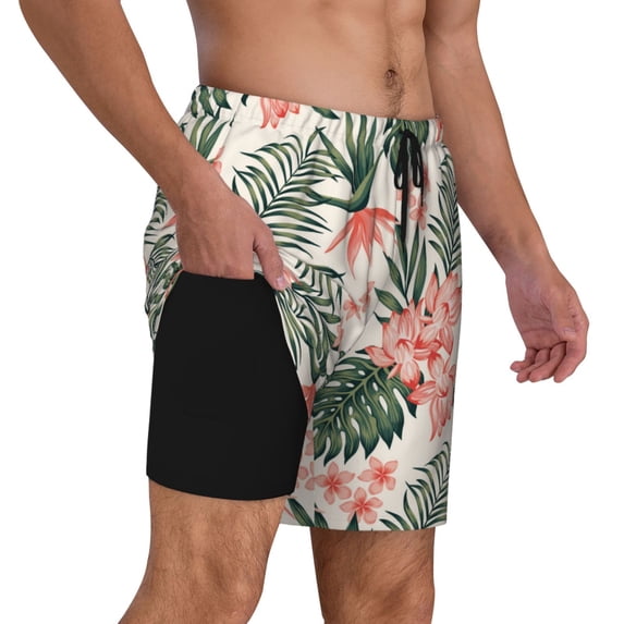 Uemuo Lilies Flowers Pattern Mens Swim Trunks Quick Dry Board Shorts with Mesh Lining, Stretch Beach Shorts Quick Dry No-Chafing Board Shorts-Medium
