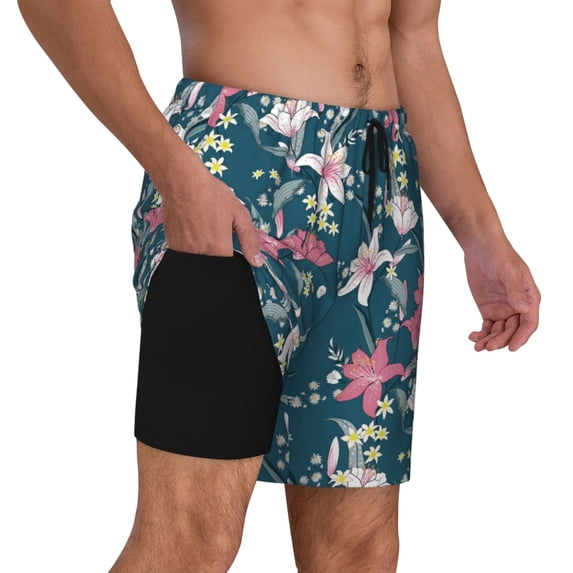 Uemuo Lilies Flowers Pattern Mens Swim Trunks Quick Dry Board Shorts with Mesh Lining, Stretch Beach Shorts Quick Dry No-Chafing Board Shorts-