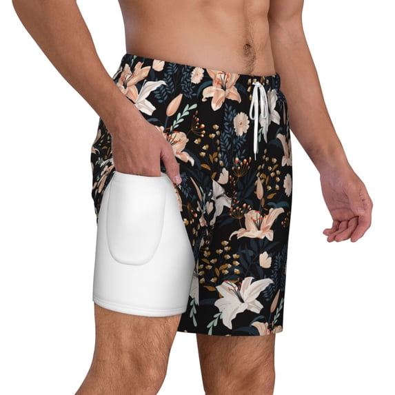 Uemuo Lilies Flowers Pattern Mens Swim Trunks Quick Dry Board Shorts with Mesh Lining, Stretch Beach Shorts Quick Dry No-Chafing Board Shorts-X-Large