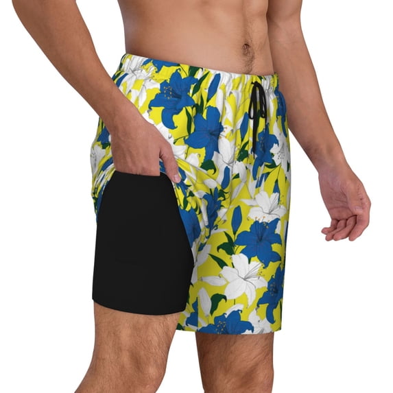 Uemuo Lilies Flowers Pattern Mens Swim Trunks Quick Dry Board Shorts with Mesh Lining, Stretch Beach Shorts Quick Dry No-Chafing Board Shorts-