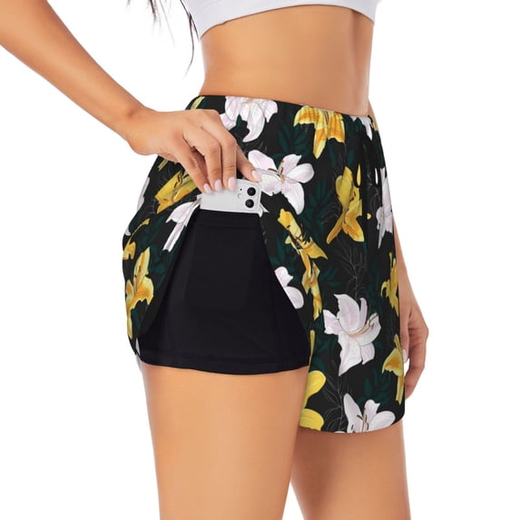 Uemuo Lilies Flowers Pattern Women's Athletic Shorts High Waisted Running Shorts with Liner Pockets Gym Elastic Workout Shorts-Large