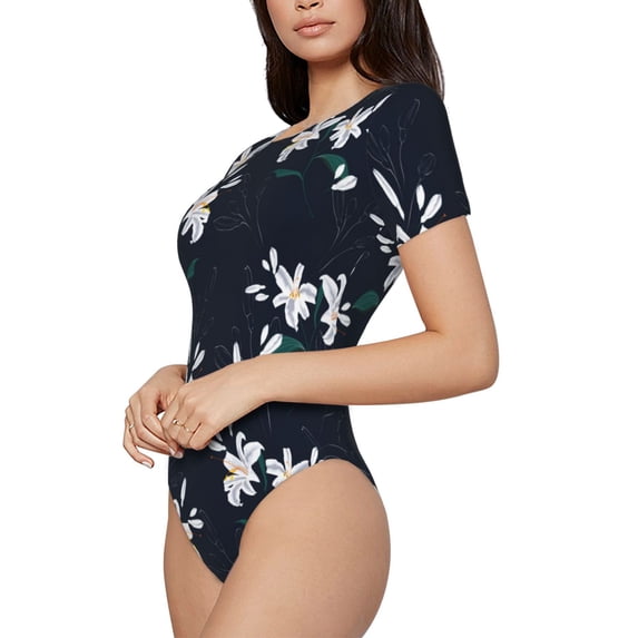 Uemuo Lilies Flowers Pattern Women's One Piece Short Sleeve Swimsuit Rash Guard Surfing Modest Quick-drying Swimsuit Beach Essentials-Large
