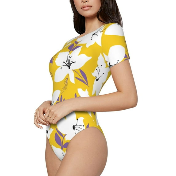 Uemuo Lilies Flowers Pattern Women's One Piece Short Sleeve Swimsuit Rash Guard Surfing Modest Quick-drying Swimsuit Beach Essentials-Small