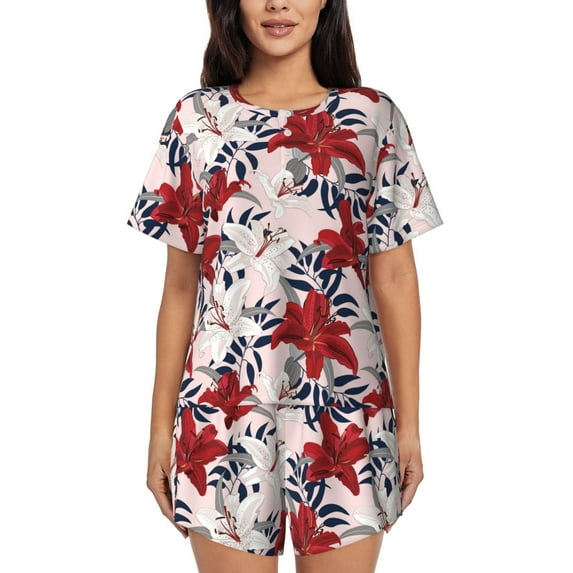 Uemuo Lilies Flowers Pattern Women's Short-Sleeved Pajama, Button-Front Loungewear, 2-Piece Summer Sleepwear, Elastic Drawstring Shorts-Small