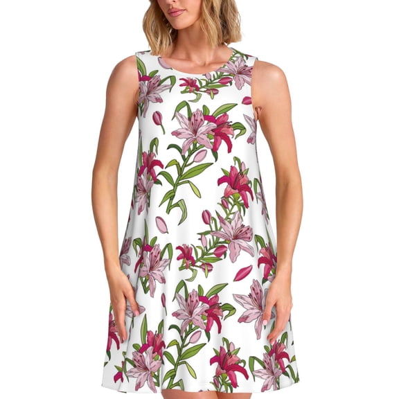 Uemuo Lilies Flowers Pattern Women’s Sleeveless Dress – Casual Summer A-Line Dress, Stylish and Comfortable Sundress for Hot Weather
