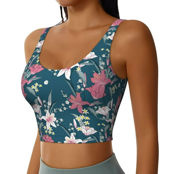 Uemuo Lilies Flowers Pattern Women's Sports Bra - High Impact Support, Breathable, and Comfortable Athletic Bra for Running, Yoga, and Workouts