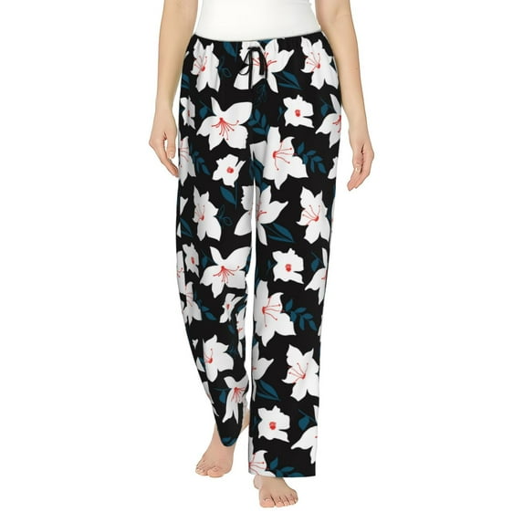 Uemuo Lilies Flowers Pattern Women's Wide Leg Palazzo Lounge Pants with Pockets Light Weight Loose Comfy Casual Pajama Pants-Small