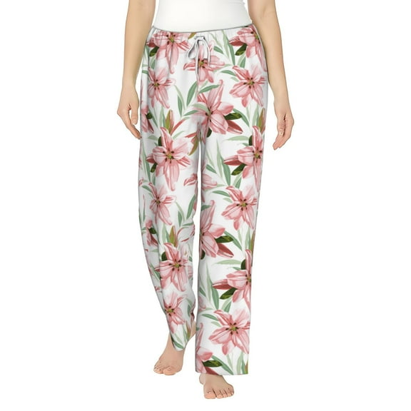 Uemuo Lilies Flowers Pattern Women's Wide Leg Palazzo Lounge Pants with Pockets Light Weight Loose Comfy Casual Pajama Pants-Small