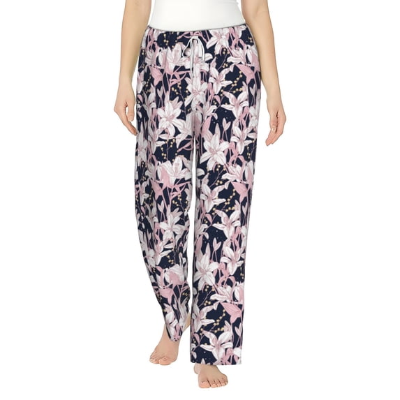 Uemuo Lilies Flowers Pattern Women's Wide Leg Palazzo Lounge Pants with Pockets Light Weight Loose Comfy Casual Pajama Pants-XX-Large