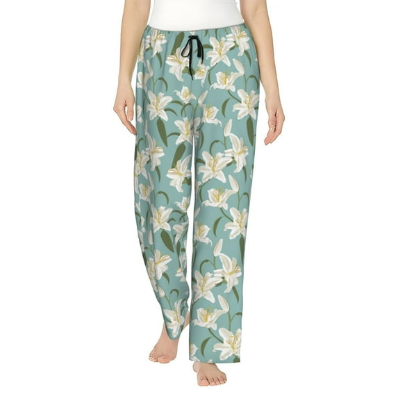 Uemuo Lilies Flowers Pattern Women's Wide Leg Palazzo Lounge Pants with Pockets Light Weight Loose Comfy Casual Pajama Pants-Small