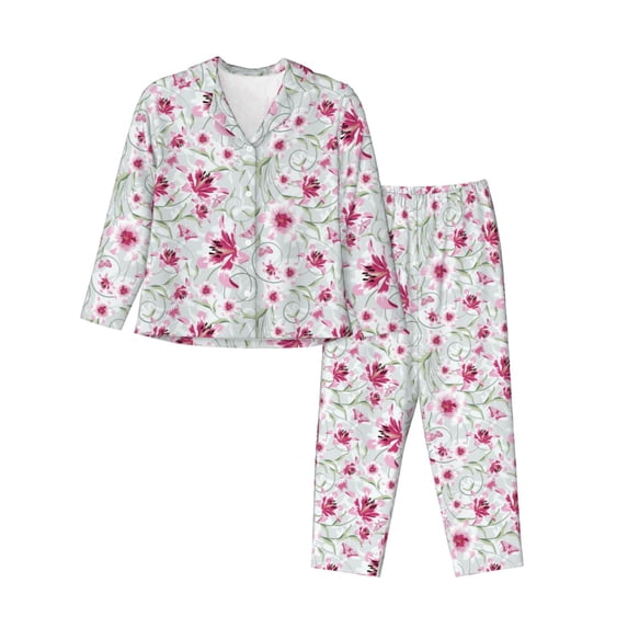 Uemuo Lilies Flowers Pattern Womens Pajama Sets,PJ Set for Women,Pajamas for Women Logo,Long Sleeve Pajama Set for Women,Soft Long Sleeve Top With Pants-Small