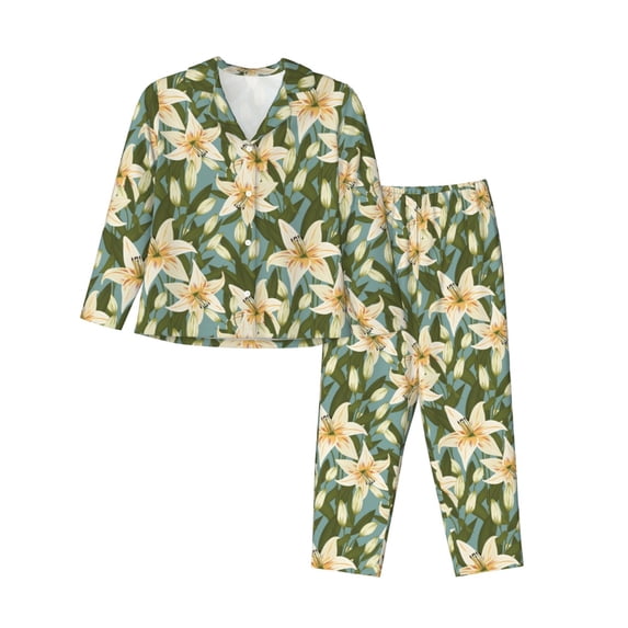 Uemuo Lilies Flowers Pattern Womens Pajama Sets,PJ Set for Women,Pajamas for Women Logo,Long Sleeve Pajama Set for Women,Soft Long Sleeve Top With Pants-X-Large