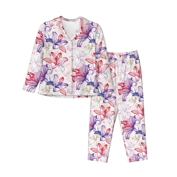 Uemuo Lilies Flowers Pattern Womens Pajama Sets,PJ Set for Women,Pajamas for Women Logo,Long Sleeve Pajama Set for Women,Soft Long Sleeve Top With Pants-X-Large